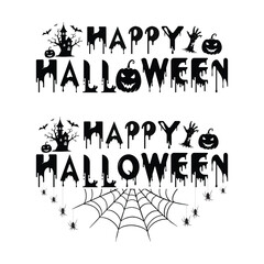 Spooky Happy Halloween Dripping Text with Spooky Happy Halloween Dripping Text with Haunted House and Spider Web Design



