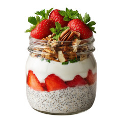 Delicious strawberry chia seed pudding in jar isolated on transparent background
