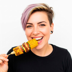 A smiling vegan woman with playful, short, colorful hair and a nose piercing joyfully eats a succulent skewer with a roasted corn cob against a stark white background.