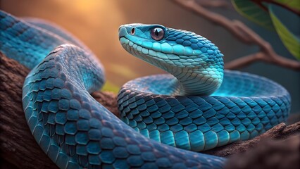 Fototapeta premium Green snake resting in nature with wildlife and tree surroundings