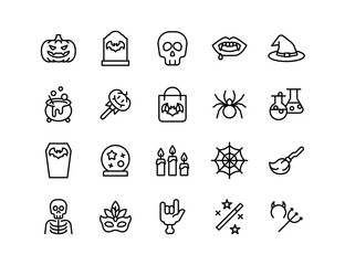 Halloween Vector Icon Set | Adjustable Line Weight | Pumpkin, skull, vampire, witch, spider, cauldron, potion, coffin, broom, ghost, trick or treat icons