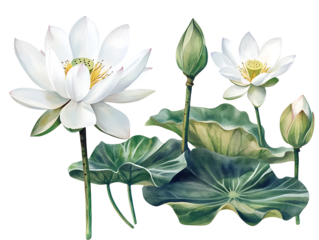 White lotus flowers and leaves isolated on transparent background