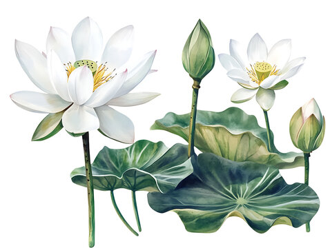 White lotus flowers and leaves isolated on transparent background - Powered by Adobe