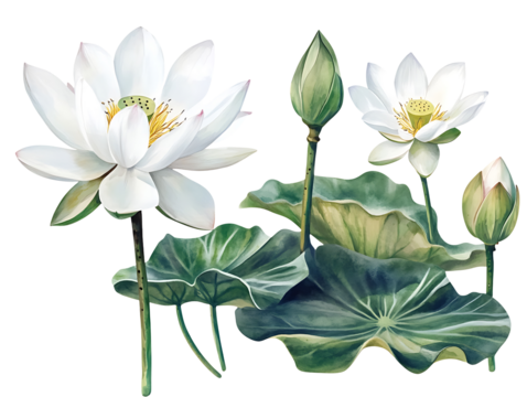 White lotus flowers and leaves isolated on transparent background