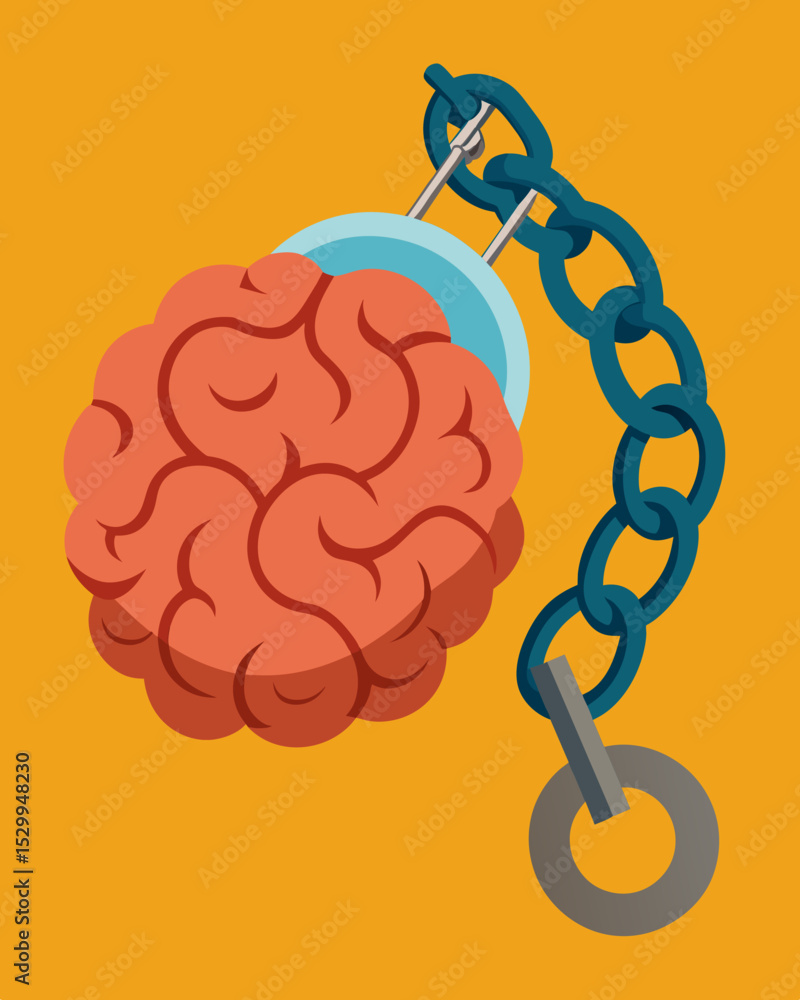 Poster chains of metal bind the brain preventing it from exploring beyond its own constraints.. vector illu