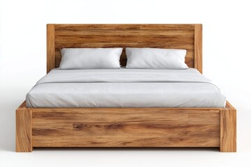 Modern wooden bed frame with white bedding isolated on white background