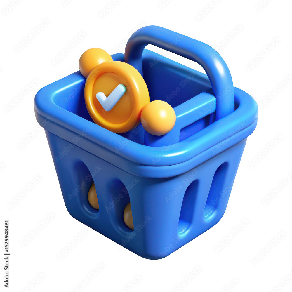 Poster 3d render of blue shopping basket with check mark icon isolated on transparent background
