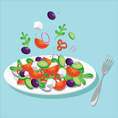 
salad, fork, food, restaurant, tomato, cucumber, pepper, onion, olives, cucumber, mozzarella, dishes, design, kitchen, kitchens, illustration, apron, menu, cover, dining room, tableware design, plate