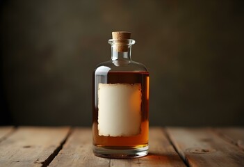Vintage Clear Glass Bottle with Blank Aged Label on Rustic Wooden Surface – Photorealistic Mockup for Product or Branding Design