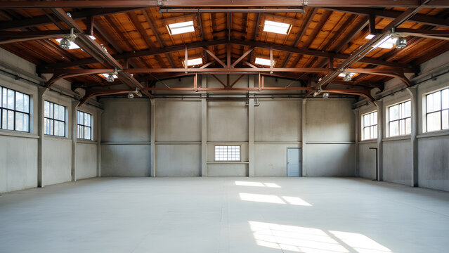 Empty industrial warehouse interior with wooden roof and concrete floor