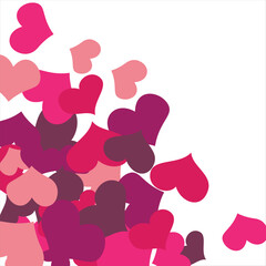 Bright hearts confetti corner frame on white background. Valentine's Day. Banner template. Space for text. illustration.