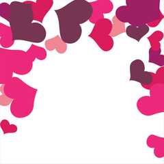 Bright hearts confetti corner frame on white background. Valentine's Day. Banner template. Space for text. illustration.