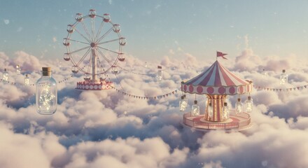Surreal Dreamlike Fairytale Ferris Wheel and Carousel in the Clouds