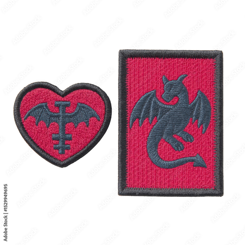 Poster heart shaped and rectangular patches feature dragon designs in red and black, showcasing intricate e