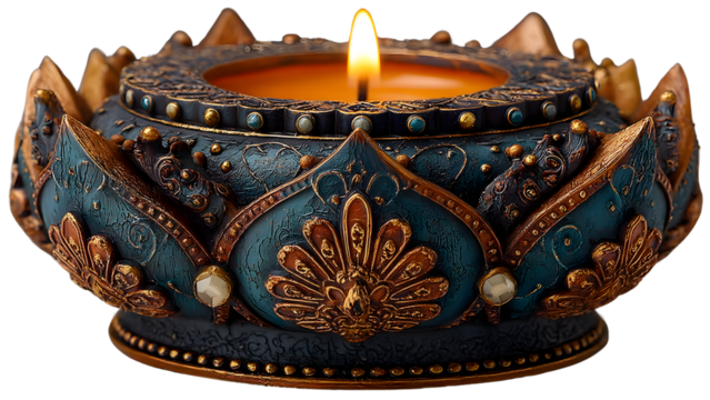 An ornate teal and gold lotus candleholder, isolated on transparent background, glows with a warm amber candlelight