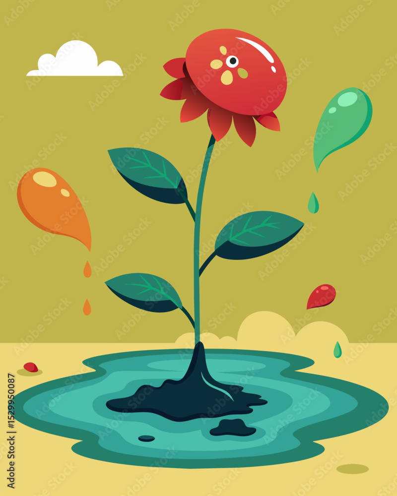 Poster a wilted flower drowning in a puddle of toxic comments and pessimistic viewpoints.. vector illustrat