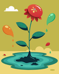 A wilted flower drowning in a puddle of toxic comments and pessimistic viewpoints.. Vector illustration