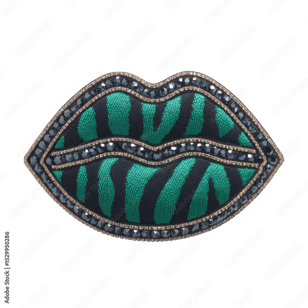 Poster decorative patch in shape of lips features striking green and black zebra pattern with sparkling rhi