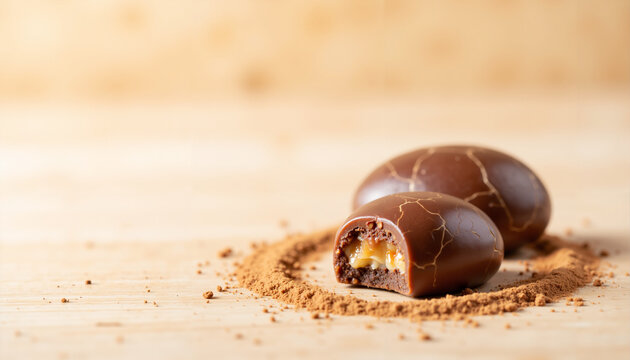 Chocolate truffle with filling placed on wooden surface for World Chocolate Day  