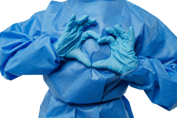Medical worker in protective gown forming heart with hands – symbol of care and support on white background. copy space
