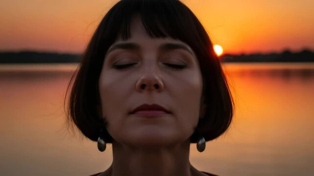 Une femme fran&ccedil;aise m&eacute;dite au coucher du soleil au bord d&rsquo;un lac. Pleine conscience, respiration profonde, r&eacute;alit&eacute; 5D - Journ&eacute;e mondiale de la sant&eacute; mentale