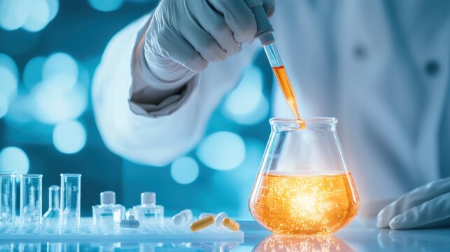 Pharmaceutical Chemist mixing pharmaceutical compounds in a lab to develop new medications.