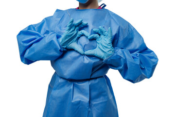 Isolated Medical worker in protective gown forming heart with hands – symbol of care and support on white background, copy space