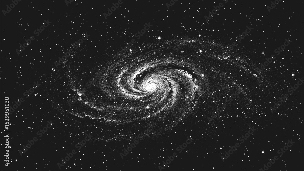 Poster deep space scene background in stippling style with amazing huge glowing spiral galaxy and stars. mi