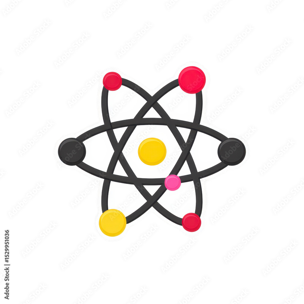 Poster illustration of atom with colorful electrons orbiting central nucleus, symbolizing science and physi