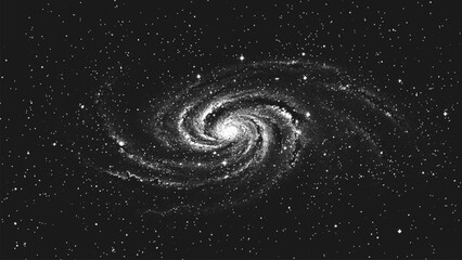 Deep space scene background in stippling style with amazing huge glowing spiral galaxy and stars. Milky Way galaxy. Retro styled dotwork. Pointillism. Noisy grainy dot shading. Vector illustration