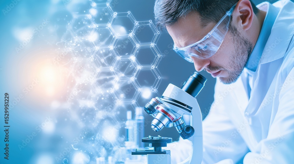 Poster analyzing scientist carefully analyzing a blood sample under a microscope in a laboratory setting.