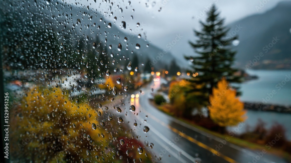 Aufkleber a view of a city with a tree in the foreground and a body of water in the background. the rain is fa