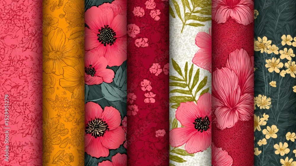 Poster a set of six floral prints, each with a different color scheme, are displayed in a row. the prints f