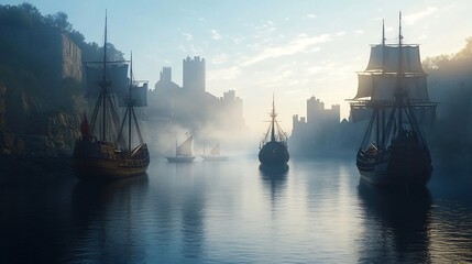 Age of Exploration European port wooden sailing ships explorers in armor and capes globes and maps loading goods ocean mist photorealistic 15th century maritime history