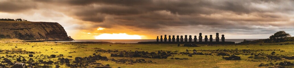 Moai Statues Silhouetted at Sunset — Rapa Nui (Easter Island) Chile