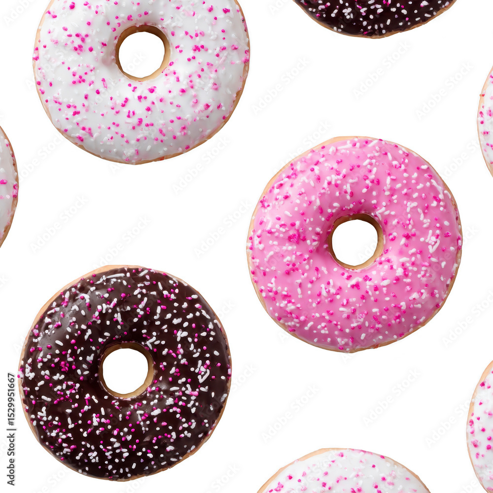Poster colorful donuts with sprinkles on transparency background create playful and appetizing pattern. don