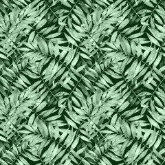 Hand-Painted Green Watercolour Palm Leaves Art Seamless Pattern,  Monochromatic Tropical Foliage Decor, Elegant Botanical Art, Serene Leafy Print, Hand-Painted Jungle Wall Art