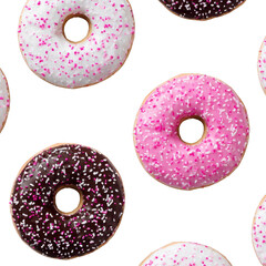 Colorful donuts with sprinkles on transparency background create playful and appetizing pattern. donuts feature pink, white, and chocolate glazes, each topped with vibrant sprinkles