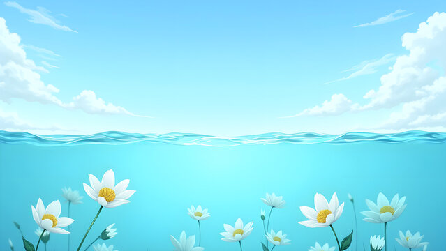 white flowers under water with blue sky