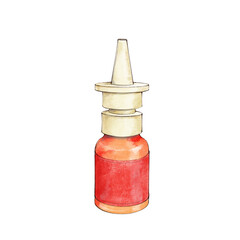 Aerosol bottle with beige cap. Нand drawn illustration of nasal spray or oral spray isolated on a white background for design