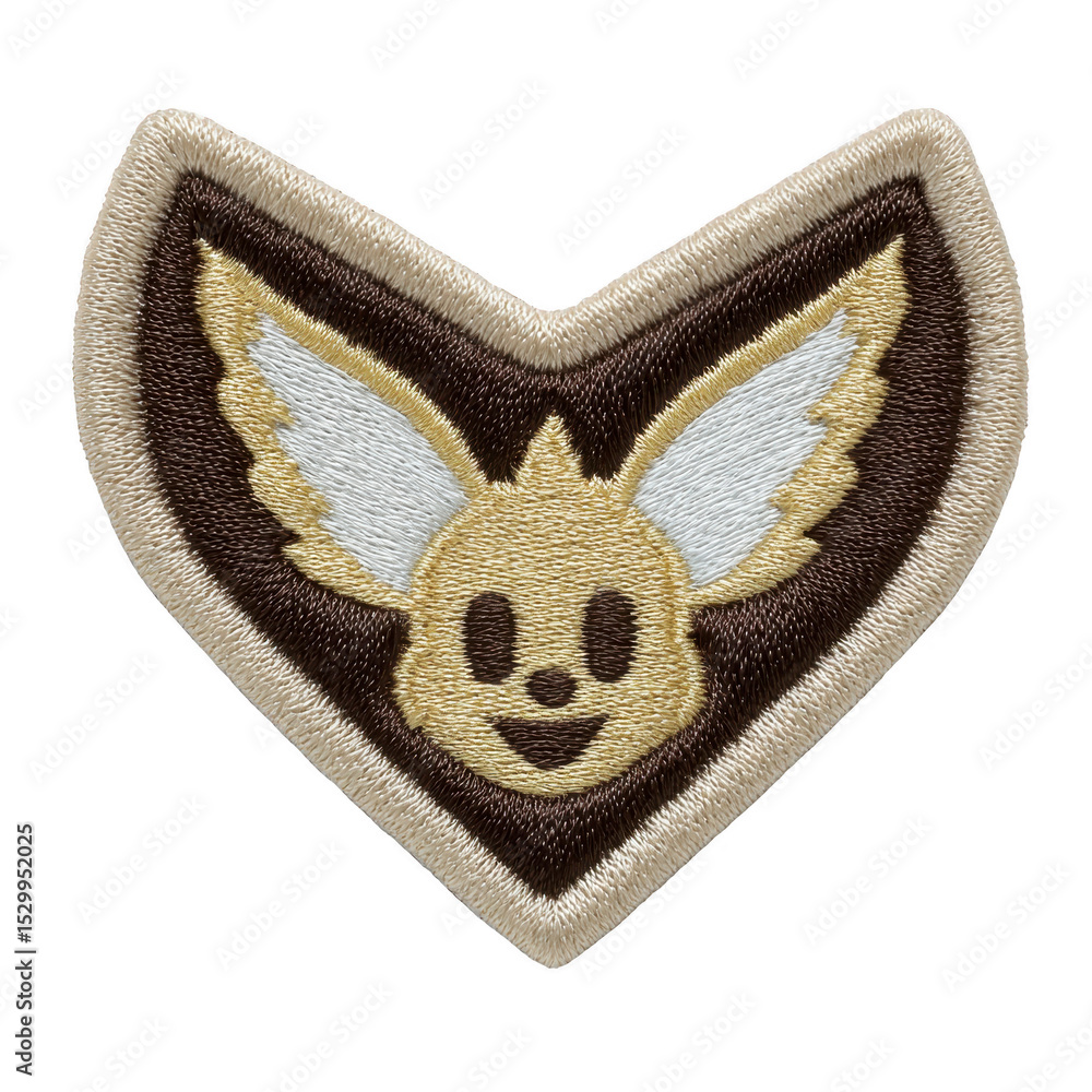 Poster this features heart shaped embroidered patch with smiling face and wings design. patch has transpare