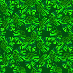 Vibrant Green Tropical Monstera Seamless Pattern: Expressive Botanical Design for Bold Fabrics, Dynamic Wall Decor and Artistic Product Styling. 