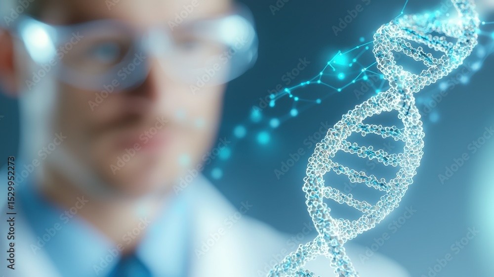 Aufkleber dna scientist observing a dna helix on a computer screen, mapping genetic information.