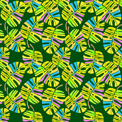 Watercolor Neon 80s Tropical Monstera Seamless Pattern, Vibrant Synthwave Palm Leaves Repeat, Bold Retro Jungle Fabric, Colourful Abstract Foliage Design, Energetic Aesthetic Print for Unique Apparel