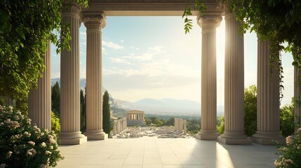 Ancient Greek philosophers togas debating at the Agora in Athens stone pillars marble statues Parthenon in background authentic Greek architecture bright sunlight photorealistic classical era