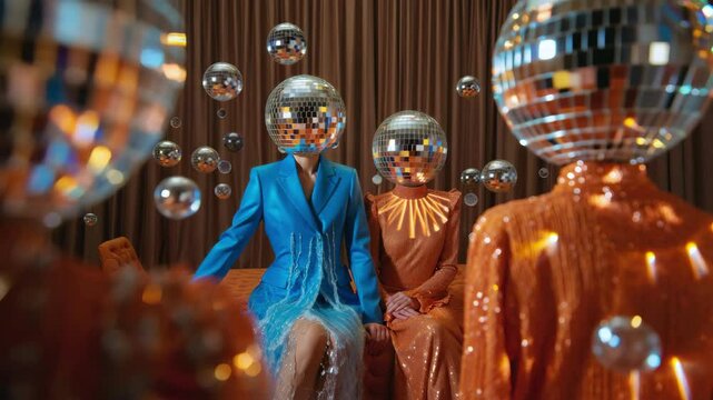 People in shiny outfits with disco ball helmets at retro-themed party surrounded by floating mirror balls