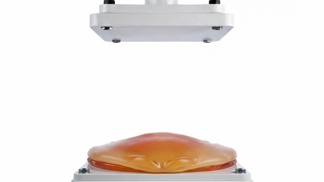 Hydraulic press crushing an orange gummy bear toy  satisfying squish and deformation