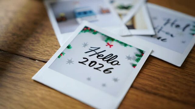 Close-up of festive photo with handwritten text Hello 2026 on wooden table for New Year celebration and holiday greeting