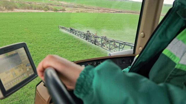 Tractor cabin interior with GPS screen and sprayer control, operator spraying field, High-tech agriculture using guided system for precise pesticide application