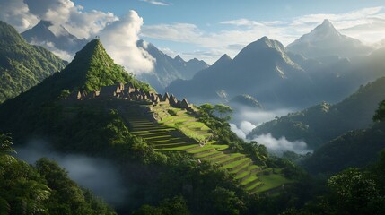 Ancient Inca civilization Andes Mountains with terraced agriculture stone cities like Machu Picchu traditionally dressed people llamas cloud forest environment photorealistic Peruvian heritage